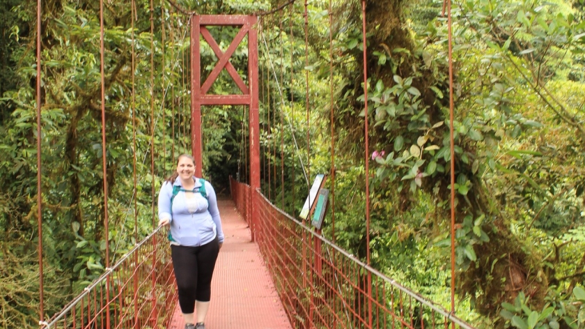Crossing a hanging bridge in Monteverde Cloud Forest